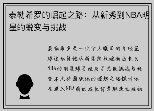 泰勒希罗的崛起之路：从新秀到NBA明星的蜕变与挑战